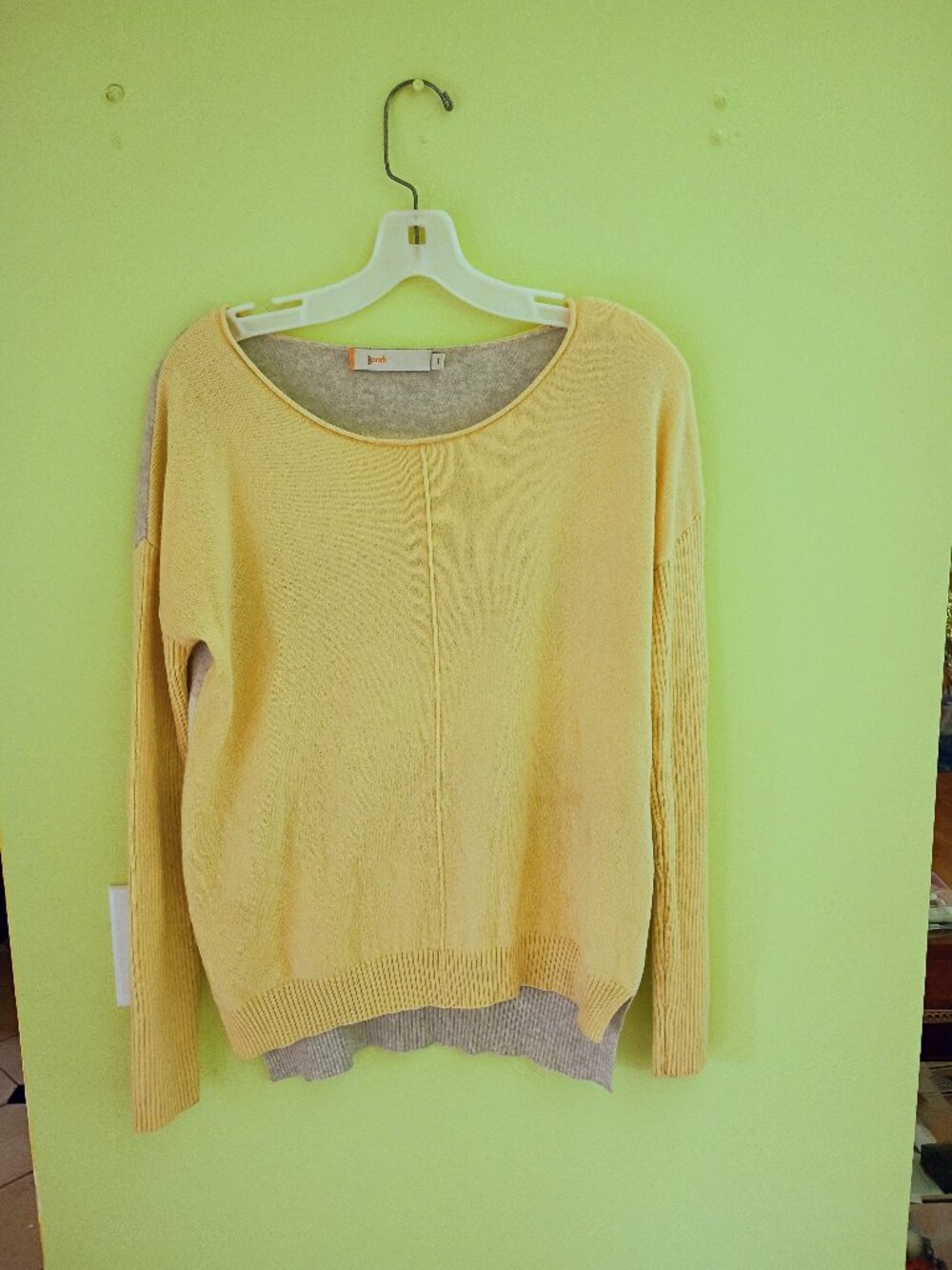 JPARK 100% cashmere yellow grey striped boat neck high low  lightweight sweater